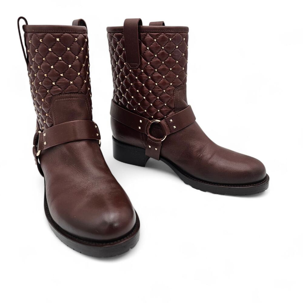 Valentino Garavani Rockstud Quilted Moto Harness Boot Brown Leather 40 US 10 - Picture 8 of 11